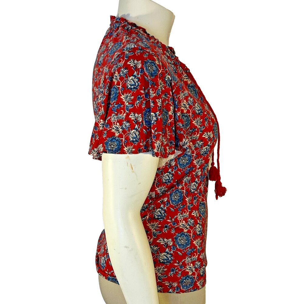 Lauren Ralph Lauren Peasant Blouse Womens L Red Blue Floral Chintz Ruffle Neck - Picture 4 of 10